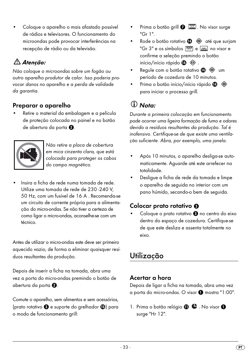 Utilização, Atenção, Preparar o aparelho | Nota, Colocar prato rotativo, Acertar a hora | Silvercrest SMW 900 EDS B2 User Manual | Page 36 / 100