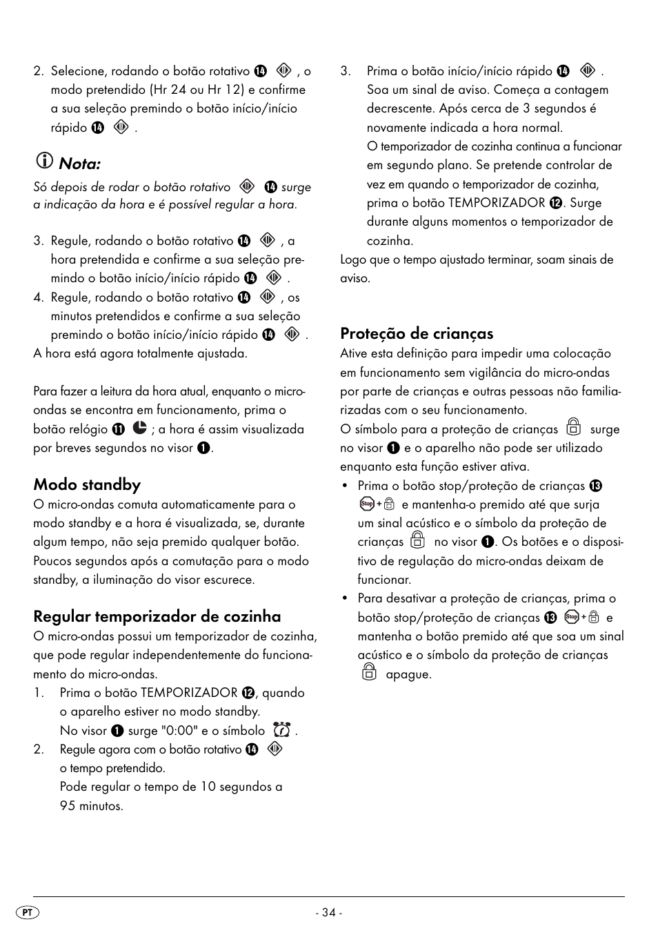 Nota, Modo standby, Regular temporizador de cozinha | Proteção de crianças | Silvercrest SMW 900 EDS B2 User Manual | Page 37 / 100