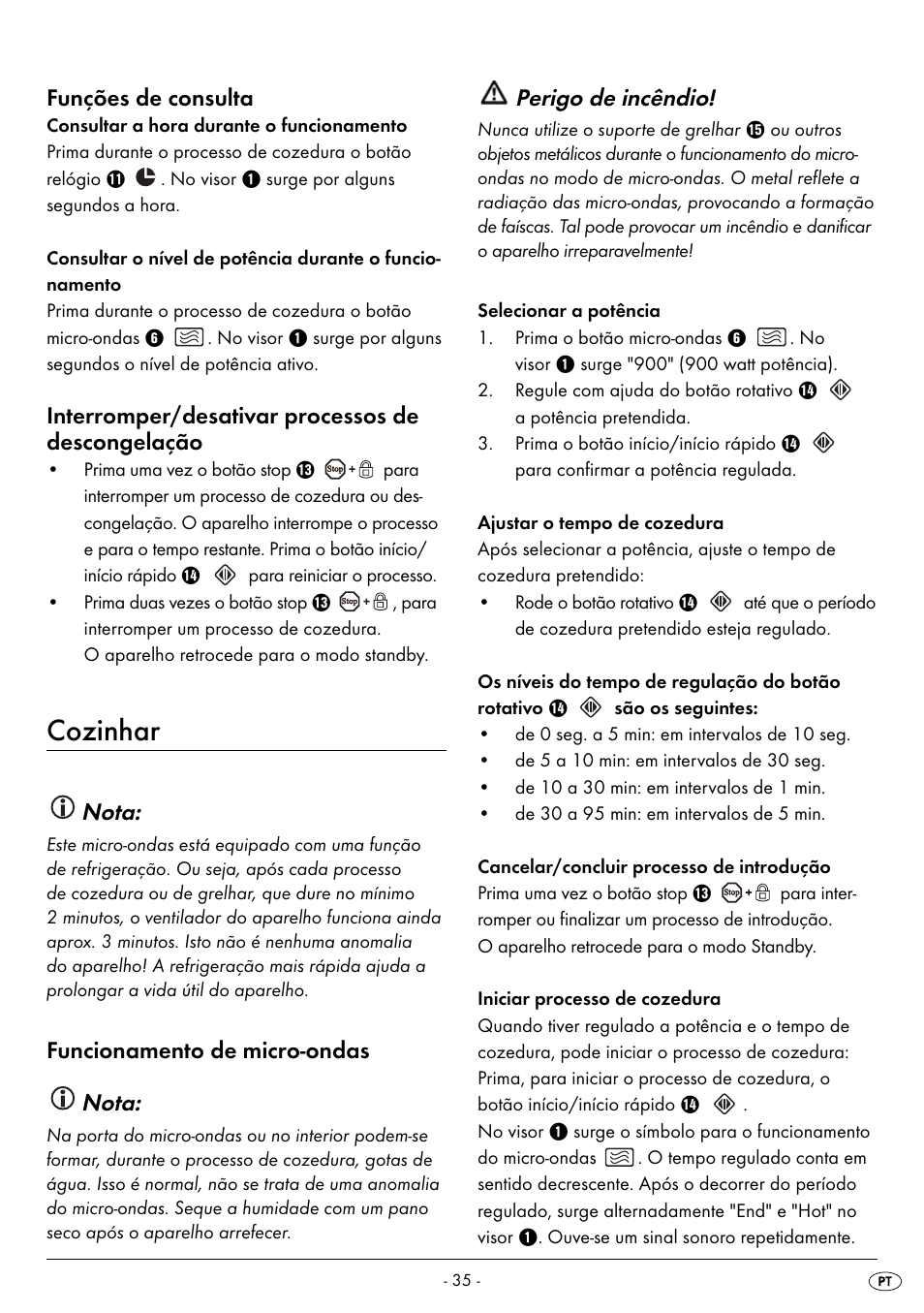 Cozinhar, Funções de consulta, Interromper/desativar processos de descongelação | Nota, Funcionamento de micro-ondas nota, Perigo de incêndio | Silvercrest SMW 900 EDS B2 User Manual | Page 38 / 100