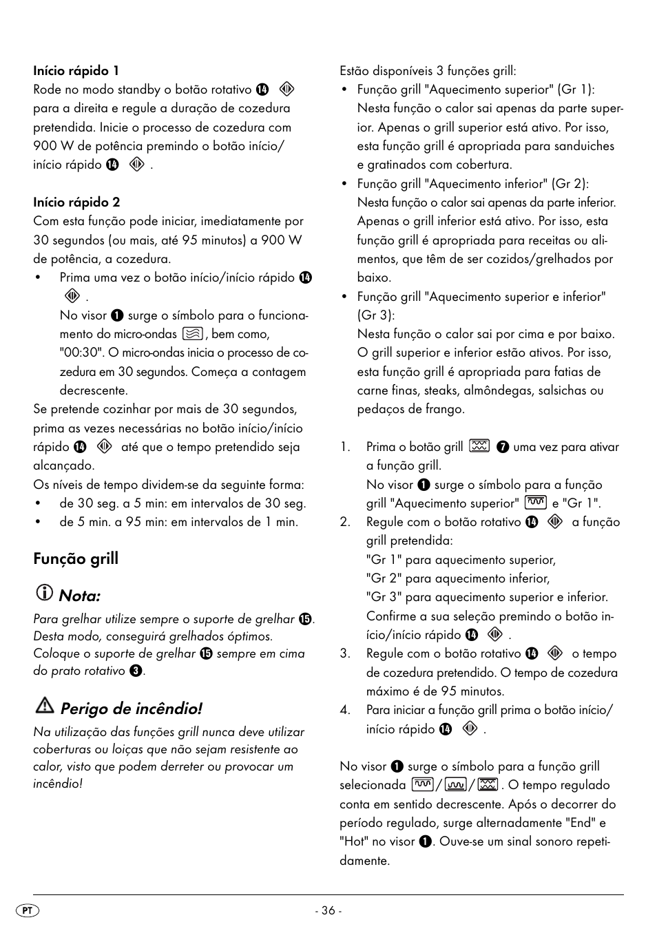 Função grill nota, Perigo de incêndio | Silvercrest SMW 900 EDS B2 User Manual | Page 39 / 100