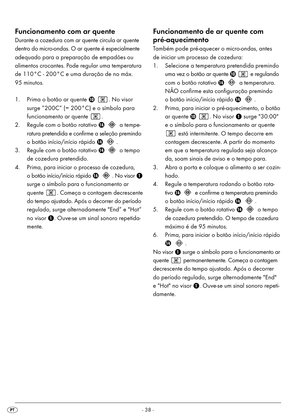 Funcionamento com ar quente, Funcionamento de ar quente com pré-aquecimento | Silvercrest SMW 900 EDS B2 User Manual | Page 41 / 100