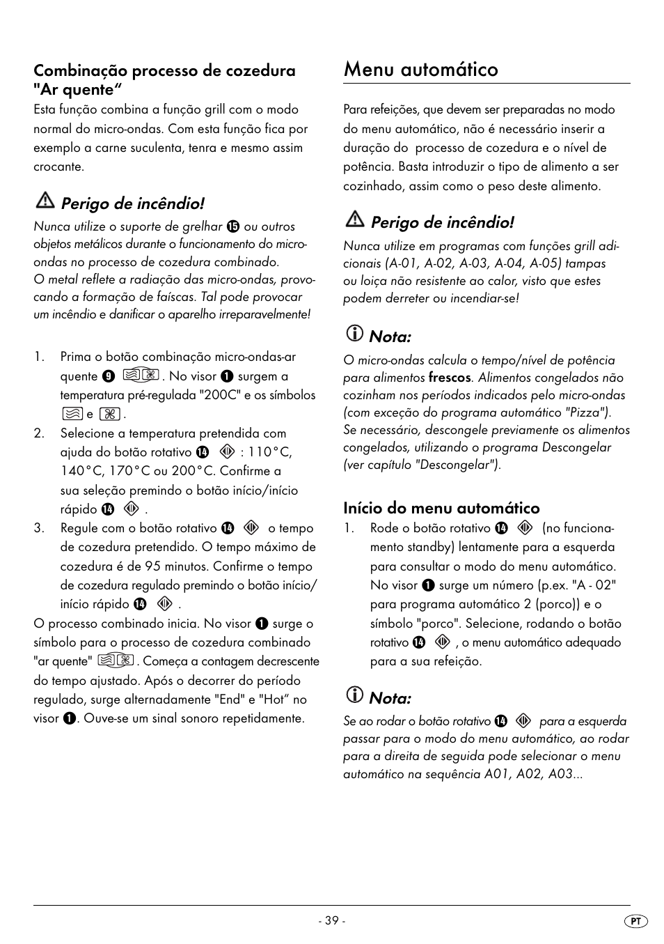 Menu automático, Combinação processo de cozedura "ar quente, Perigo de incêndio | Nota, Início do menu automático | Silvercrest SMW 900 EDS B2 User Manual | Page 42 / 100