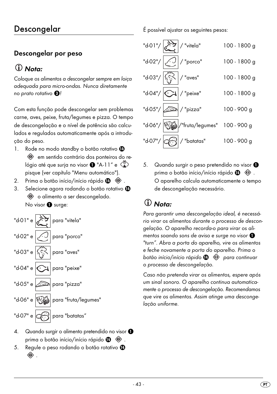 Descongelar, Descongelar por peso nota, Nota | Silvercrest SMW 900 EDS B2 User Manual | Page 46 / 100