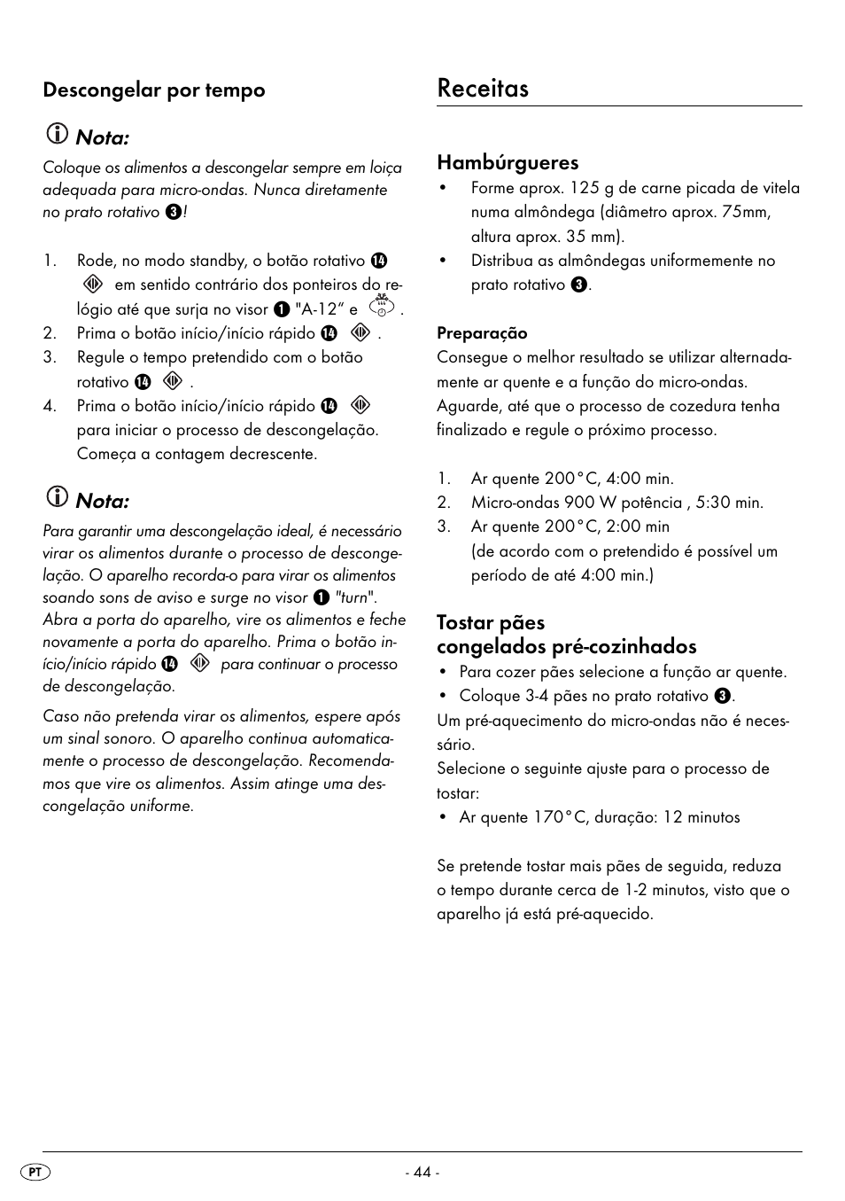 Receitas, Descongelar por tempo nota, Nota | Hambúrgueres, Tostar pães congelados pré-cozinhados | Silvercrest SMW 900 EDS B2 User Manual | Page 47 / 100