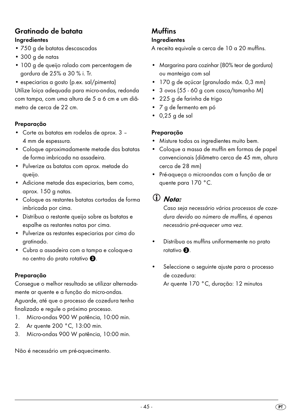 Gratinado de batata, Muffins, Nota | Silvercrest SMW 900 EDS B2 User Manual | Page 48 / 100