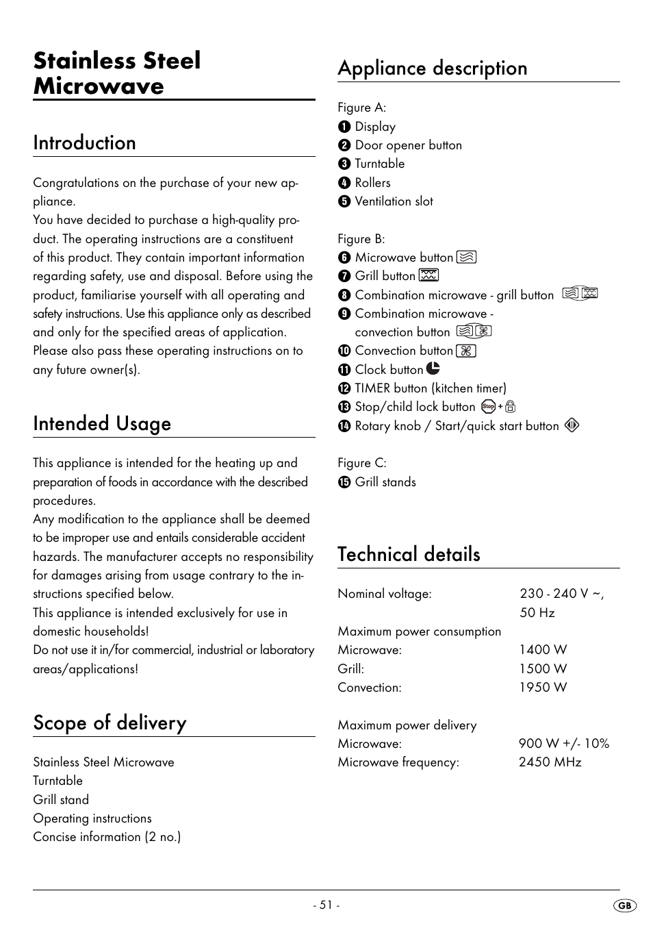 Stainless steel microwave, Introduction, Intended usage | Scope of delivery, Appliance description, Technical details | Silvercrest SMW 900 EDS B2 User Manual | Page 54 / 100