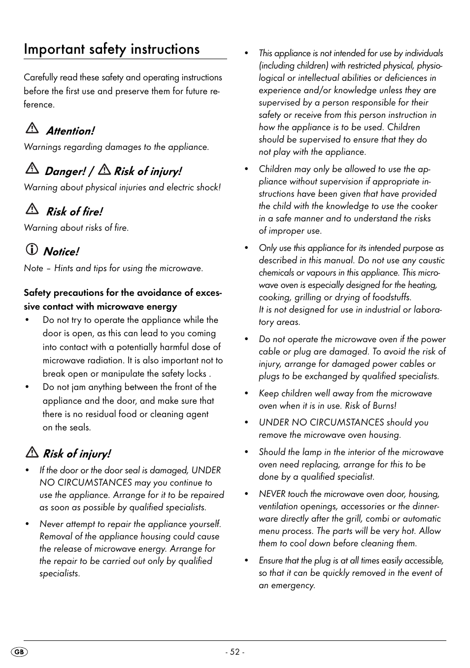 Important safety instructions, Attention, Danger! / risk of injury | Risk of fire, Notice, Risk of injury | Silvercrest SMW 900 EDS B2 User Manual | Page 55 / 100