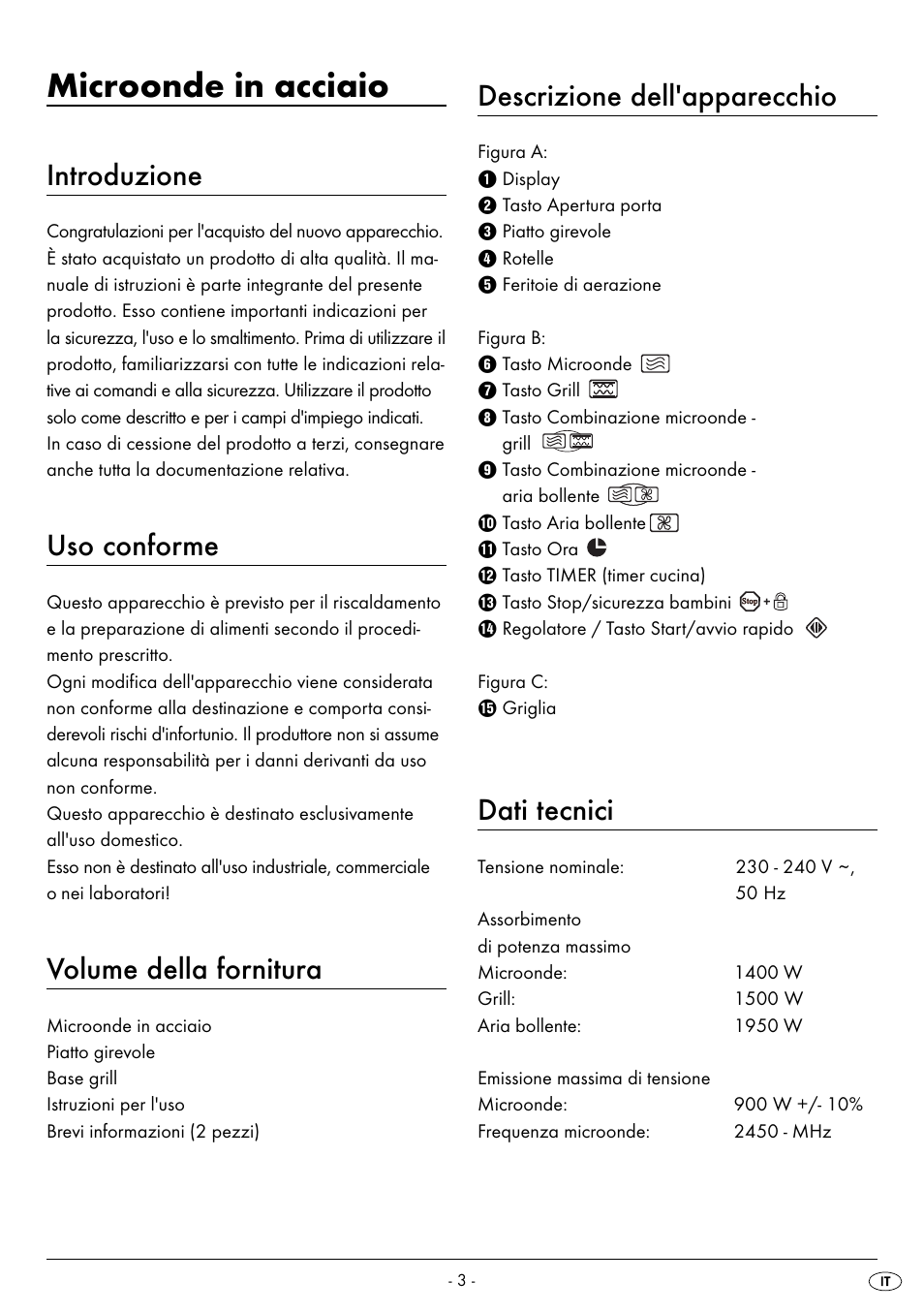 Microonde in acciaio, Introduzione, Uso conforme | Volume della fornitura, Descrizione dell'apparecchio, Dati tecnici | Silvercrest SMW 900 EDS B2 User Manual | Page 6 / 100