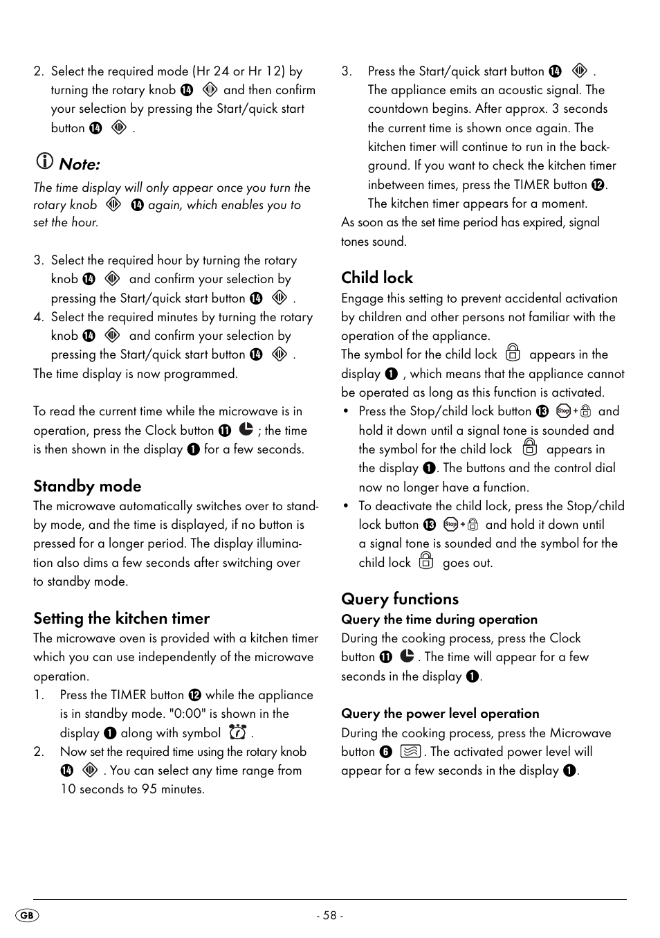 Standby mode, Setting the kitchen timer, Child lock | Query functions | Silvercrest SMW 900 EDS B2 User Manual | Page 61 / 100