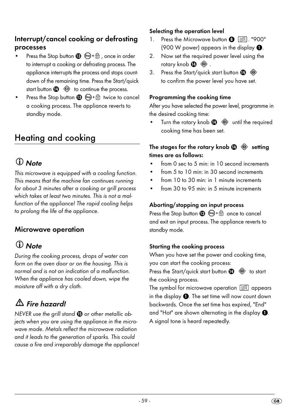 Heating and cooking, Interrupt/cancel cooking or defrosting processes, Fire hazard | Silvercrest SMW 900 EDS B2 User Manual | Page 62 / 100