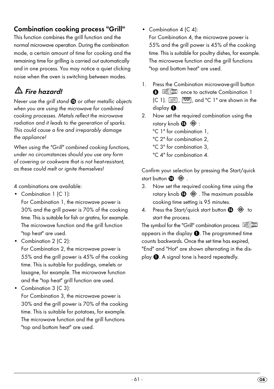 Combination cooking process "grill, Fire hazard | Silvercrest SMW 900 EDS B2 User Manual | Page 64 / 100