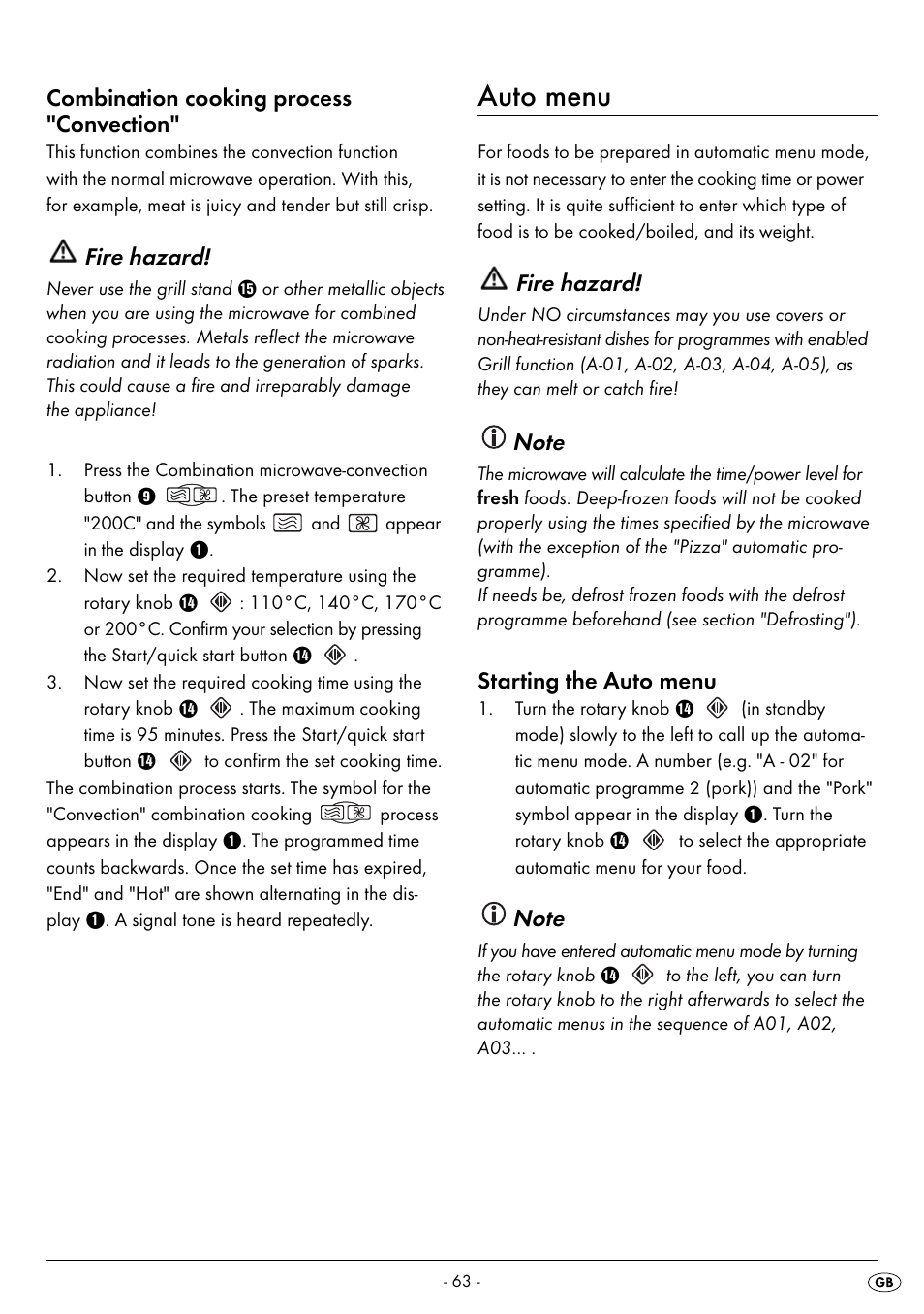 Auto menu, Combination cooking process "convection, Fire hazard | Starting the auto menu | Silvercrest SMW 900 EDS B2 User Manual | Page 66 / 100