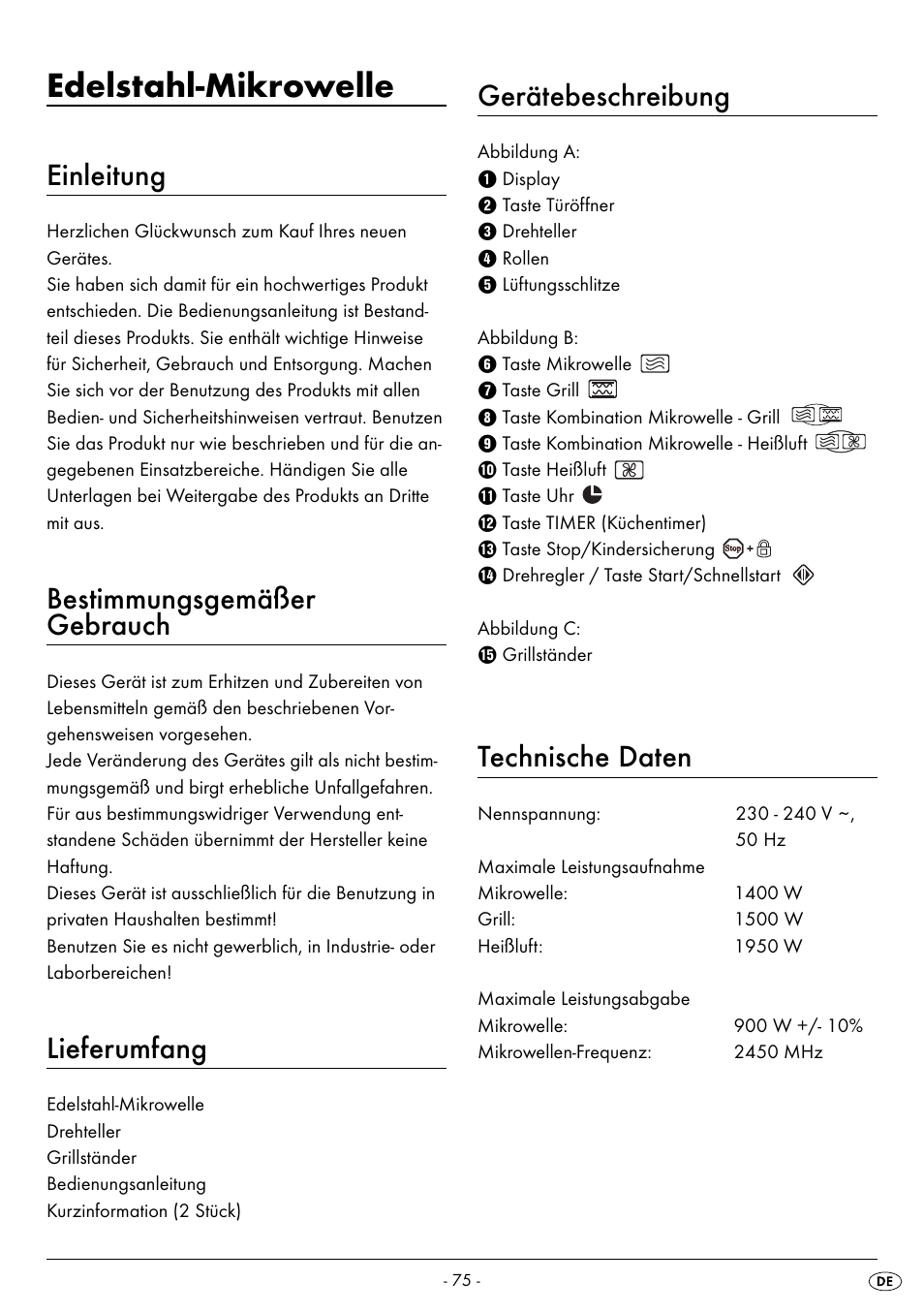 Edelstahl-mikrowelle, Einleitung, Bestimmungsgemäßer gebrauch | Lieferumfang, Gerätebeschreibung, Technische daten | Silvercrest SMW 900 EDS B2 User Manual | Page 78 / 100