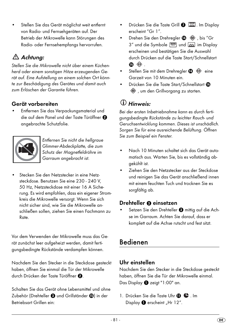 Bedienen, Achtung, Gerät vorbereiten | Hinweis, Drehteller, Einsetzen, Uhr einstellen | Silvercrest SMW 900 EDS B2 User Manual | Page 84 / 100