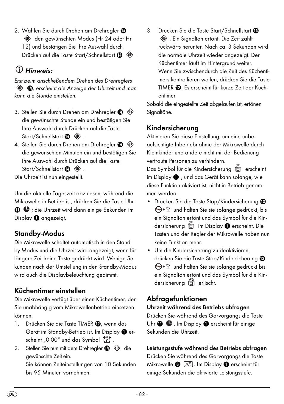 Hinweis, Standby-modus, Küchentimer einstellen | Kindersicherung, Abfragefunktionen | Silvercrest SMW 900 EDS B2 User Manual | Page 85 / 100