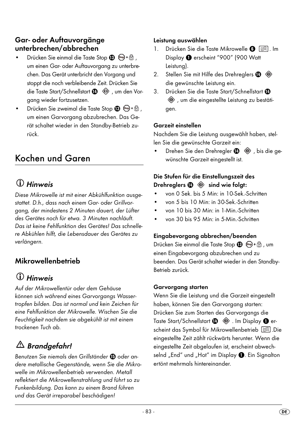 Kochen und garen, Gar- oder auftauvorgänge unterbrechen/abbrechen, Hinweis | Mikrowellenbetrieb hinweis, Brandgefahr | Silvercrest SMW 900 EDS B2 User Manual | Page 86 / 100