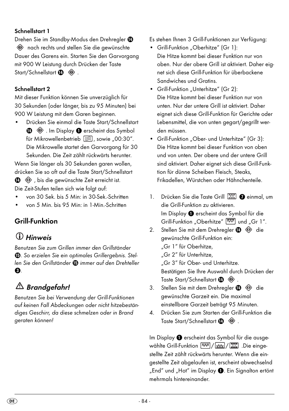 Grill-funktion hinweis, Brandgefahr | Silvercrest SMW 900 EDS B2 User Manual | Page 87 / 100