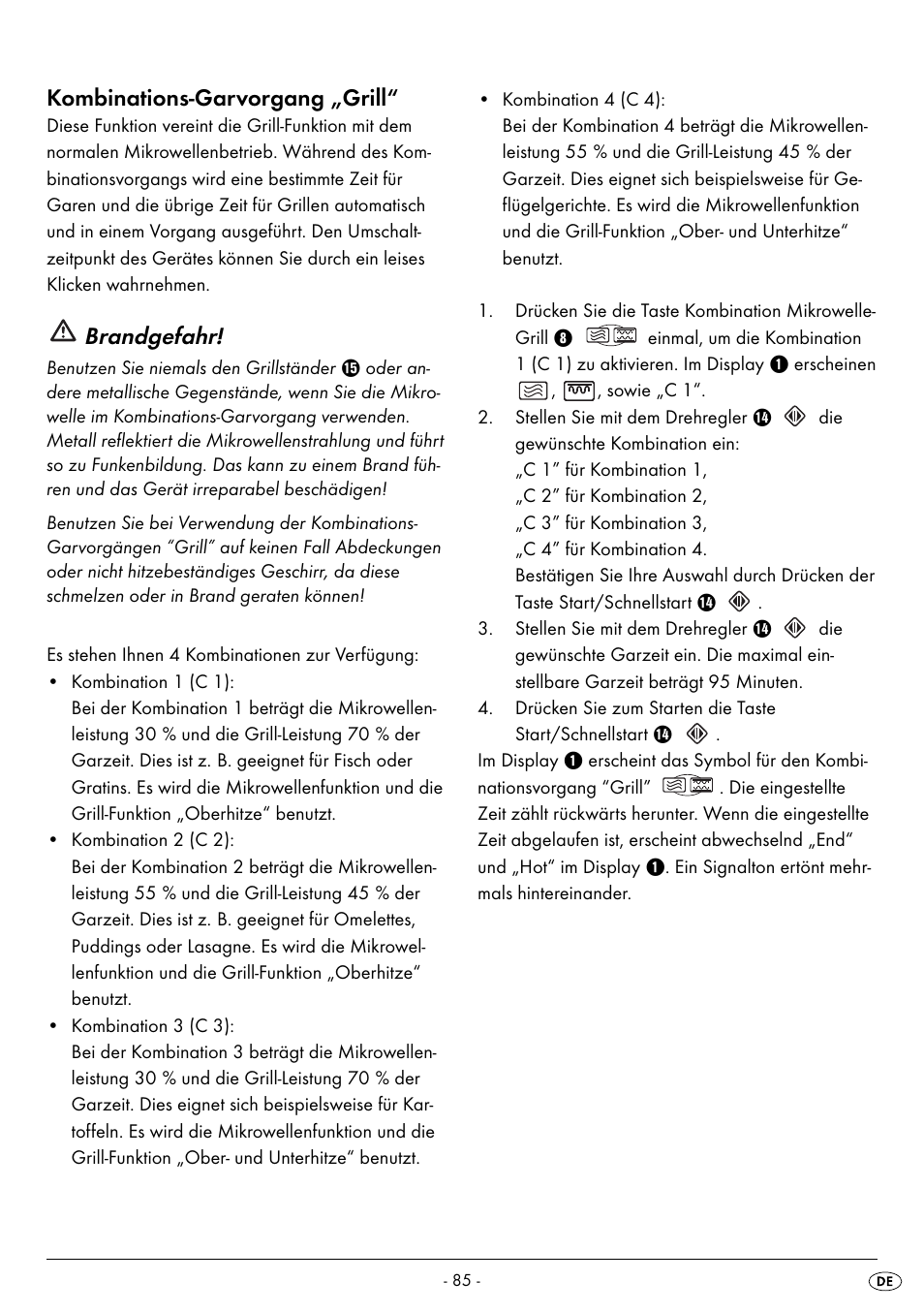 Kombinations-garvorgang „grill, Brandgefahr | Silvercrest SMW 900 EDS B2 User Manual | Page 88 / 100