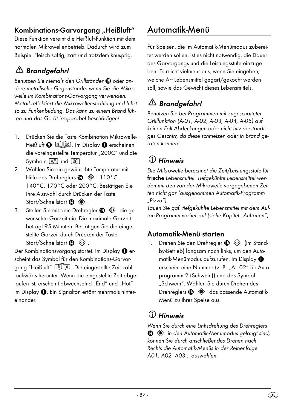 Automatik-menü, Kombinations-garvorgang „heißluft, Brandgefahr | Hinweis, Automatik-menü starten | Silvercrest SMW 900 EDS B2 User Manual | Page 90 / 100