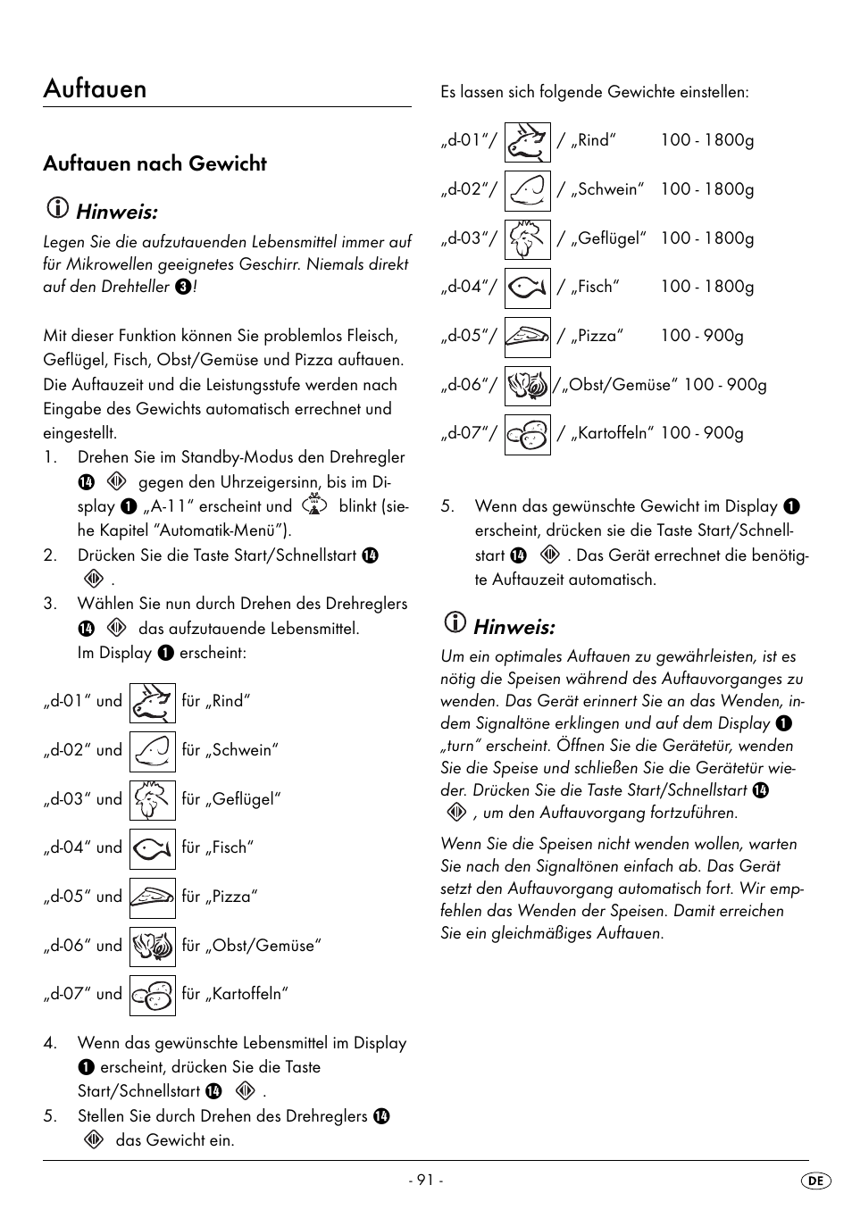 Auftauen, Auftauen nach gewicht hinweis, Hinweis | Silvercrest SMW 900 EDS B2 User Manual | Page 94 / 100