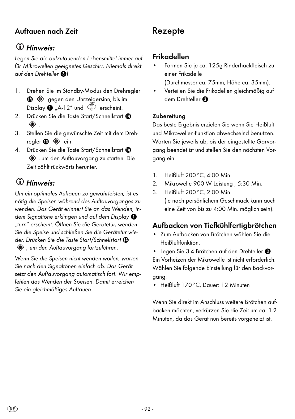 Rezepte, Auftauen nach zeit hinweis, Hinweis | Frikadellen, Aufbacken von tiefkühlfertigbrötchen | Silvercrest SMW 900 EDS B2 User Manual | Page 95 / 100