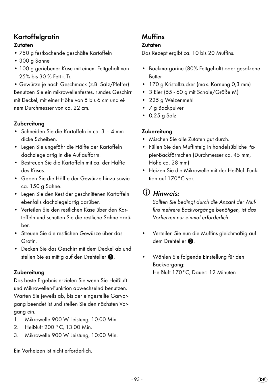 Kartoffelgratin, Muffins, Hinweis | Silvercrest SMW 900 EDS B2 User Manual | Page 96 / 100