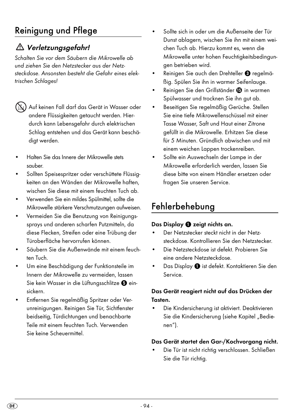 Reinigung und pflege, Fehlerbehebung, Verletzungsgefahr | Silvercrest SMW 900 EDS B2 User Manual | Page 97 / 100