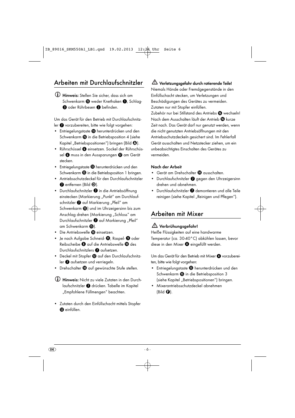 Arbeiten mit durchlaufschnitzler, Arbeiten mit mixer | Silvercrest SKM 550 A1 User Manual | Page 10 / 55