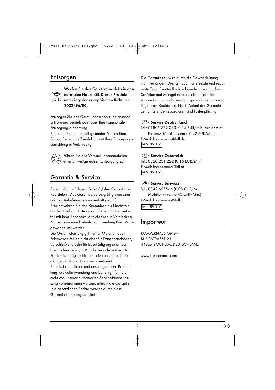 Entsorgen, Garantie & service, Importeur | Silvercrest SKM 550 A1 User Manual | Page 13 / 55