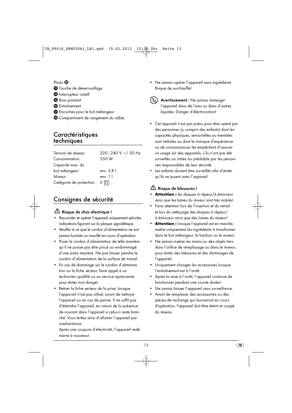 Caractéristiques techniques, Consignes de sécurité | Silvercrest SKM 550 A1 User Manual | Page 17 / 55