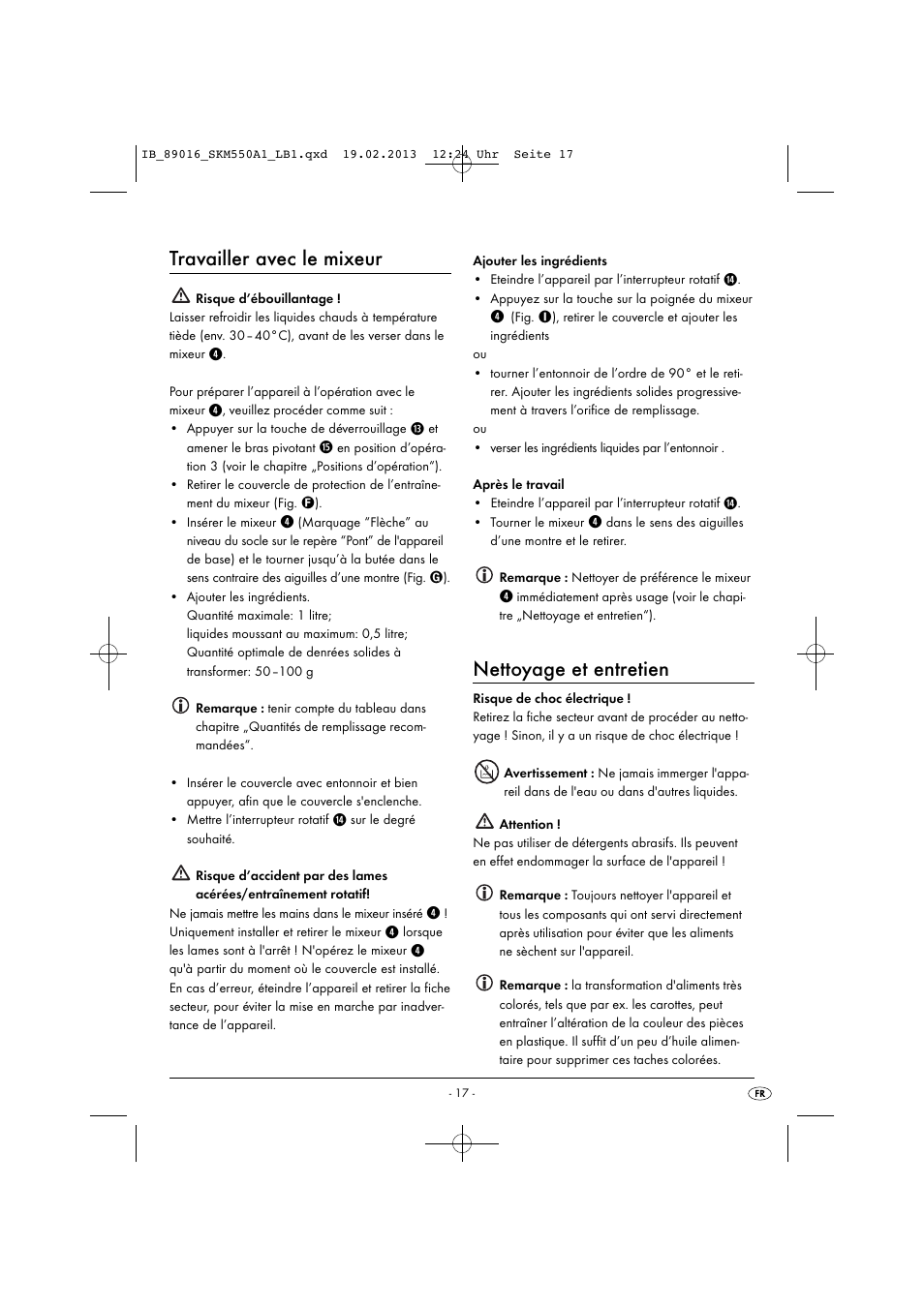 Travailler avec le mixeur, Nettoyage et entretien | Silvercrest SKM 550 A1 User Manual | Page 21 / 55