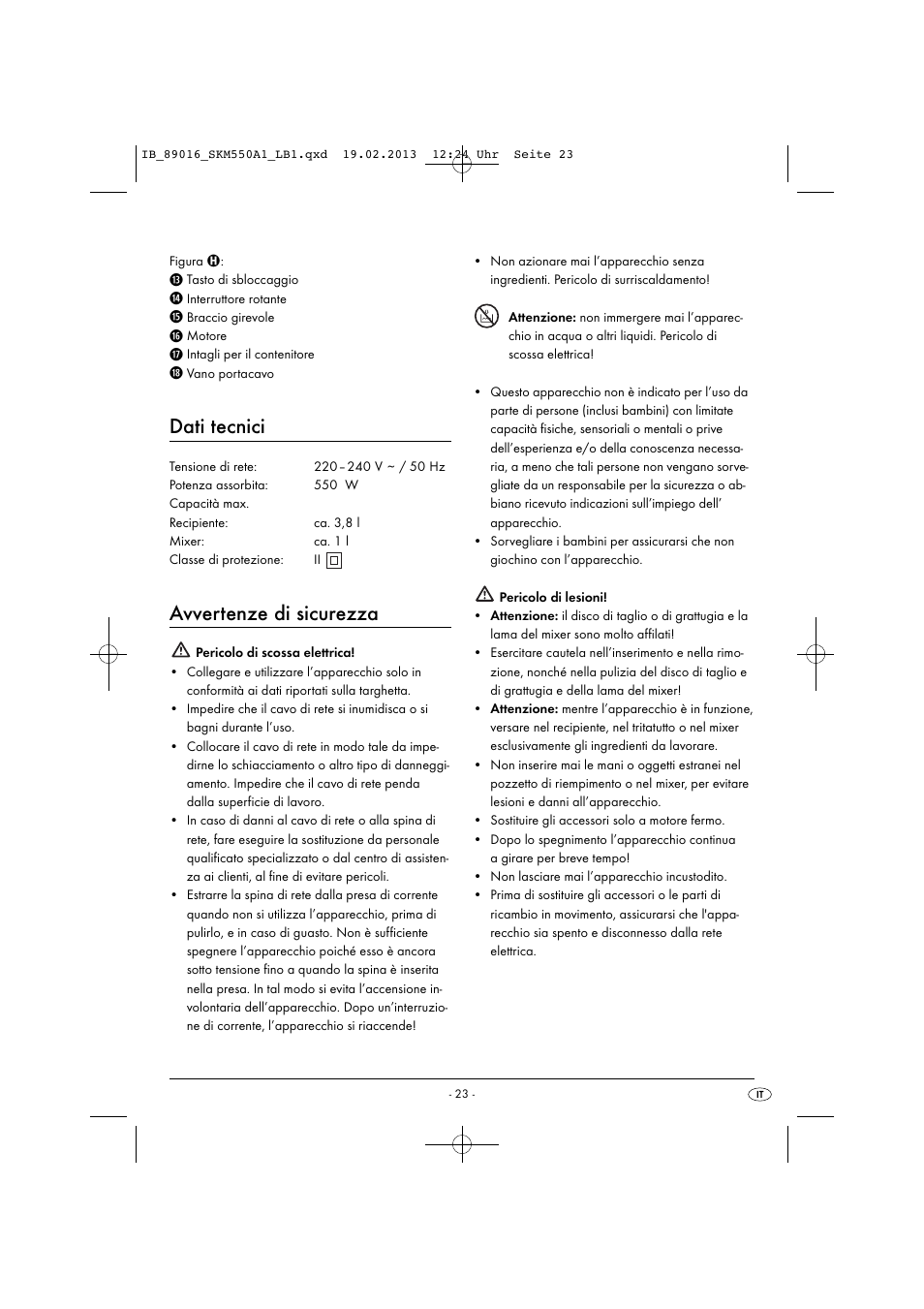 Dati tecnici, Avvertenze di sicurezza | Silvercrest SKM 550 A1 User Manual | Page 27 / 55