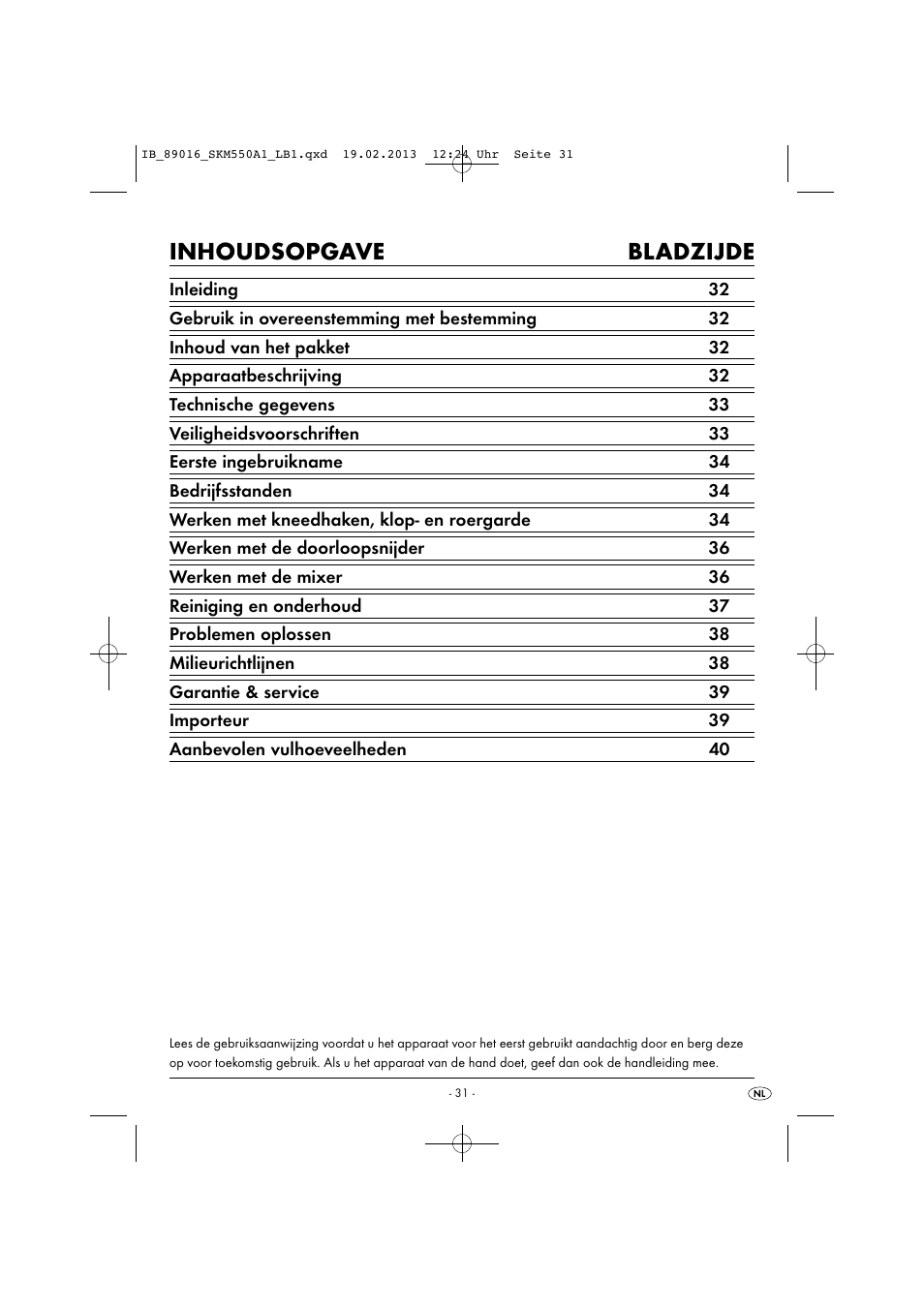 Inhoudsopgave bladzijde | Silvercrest SKM 550 A1 User Manual | Page 35 / 55