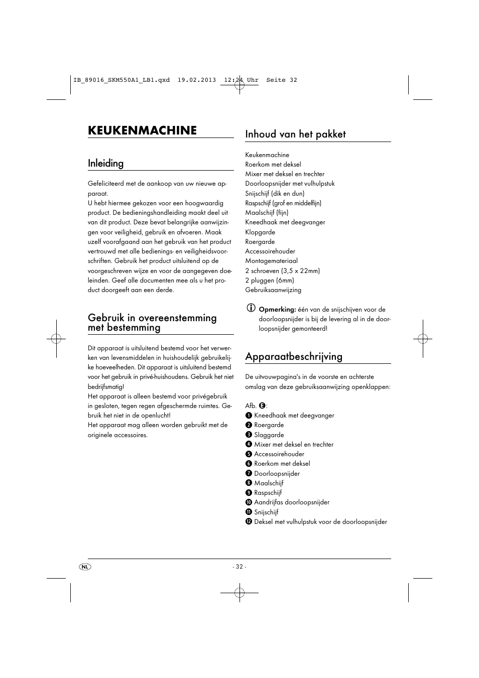Keukenmachine, Inleiding, Gebruik in overeenstemming met bestemming | Inhoud van het pakket, Apparaatbeschrijving | Silvercrest SKM 550 A1 User Manual | Page 36 / 55