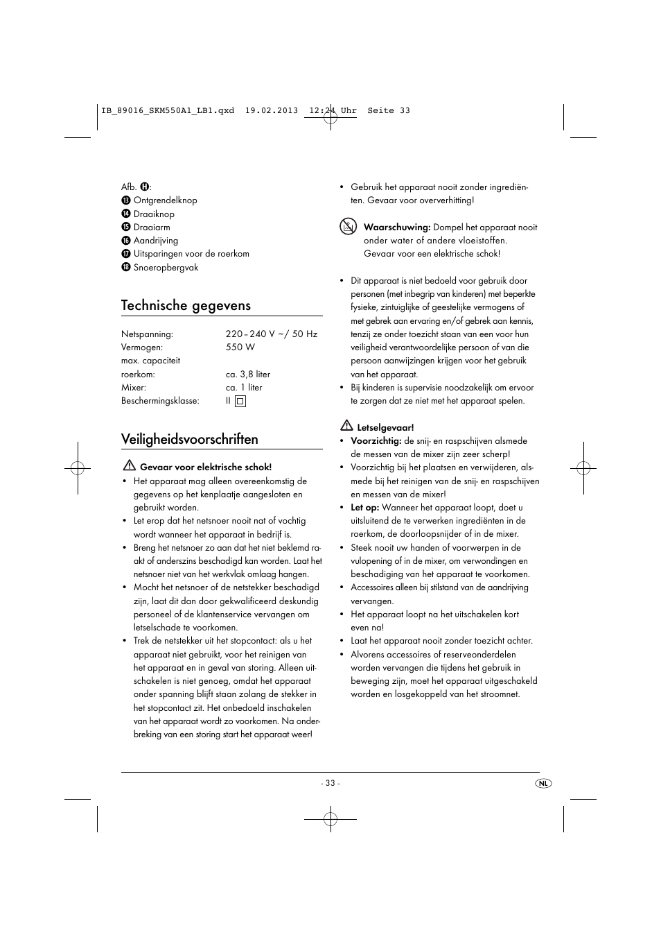 Technische gegevens, Veiligheidsvoorschriften | Silvercrest SKM 550 A1 User Manual | Page 37 / 55