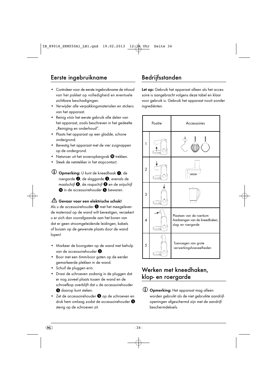 Eerste ingebruikname, Bedrijfsstanden, Werken met kneedhaken, klop- en roergarde | Silvercrest SKM 550 A1 User Manual | Page 38 / 55