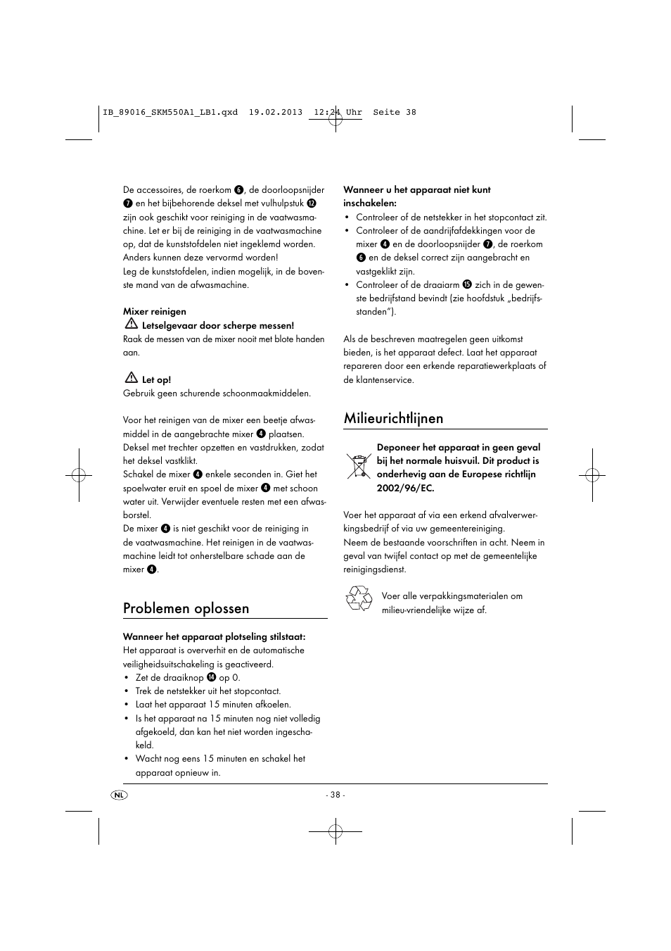 Problemen oplossen, Milieurichtlijnen | Silvercrest SKM 550 A1 User Manual | Page 42 / 55