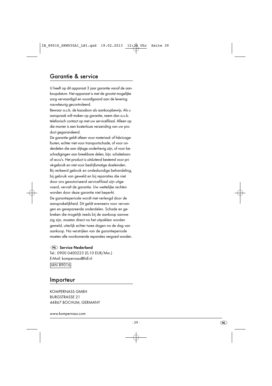 Garantie & service, Importeur | Silvercrest SKM 550 A1 User Manual | Page 43 / 55