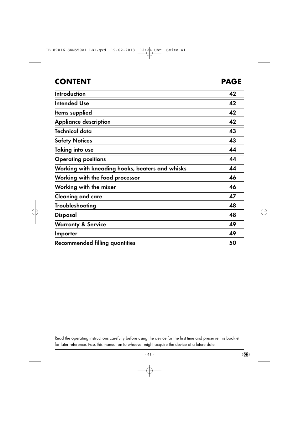 Content page | Silvercrest SKM 550 A1 User Manual | Page 45 / 55