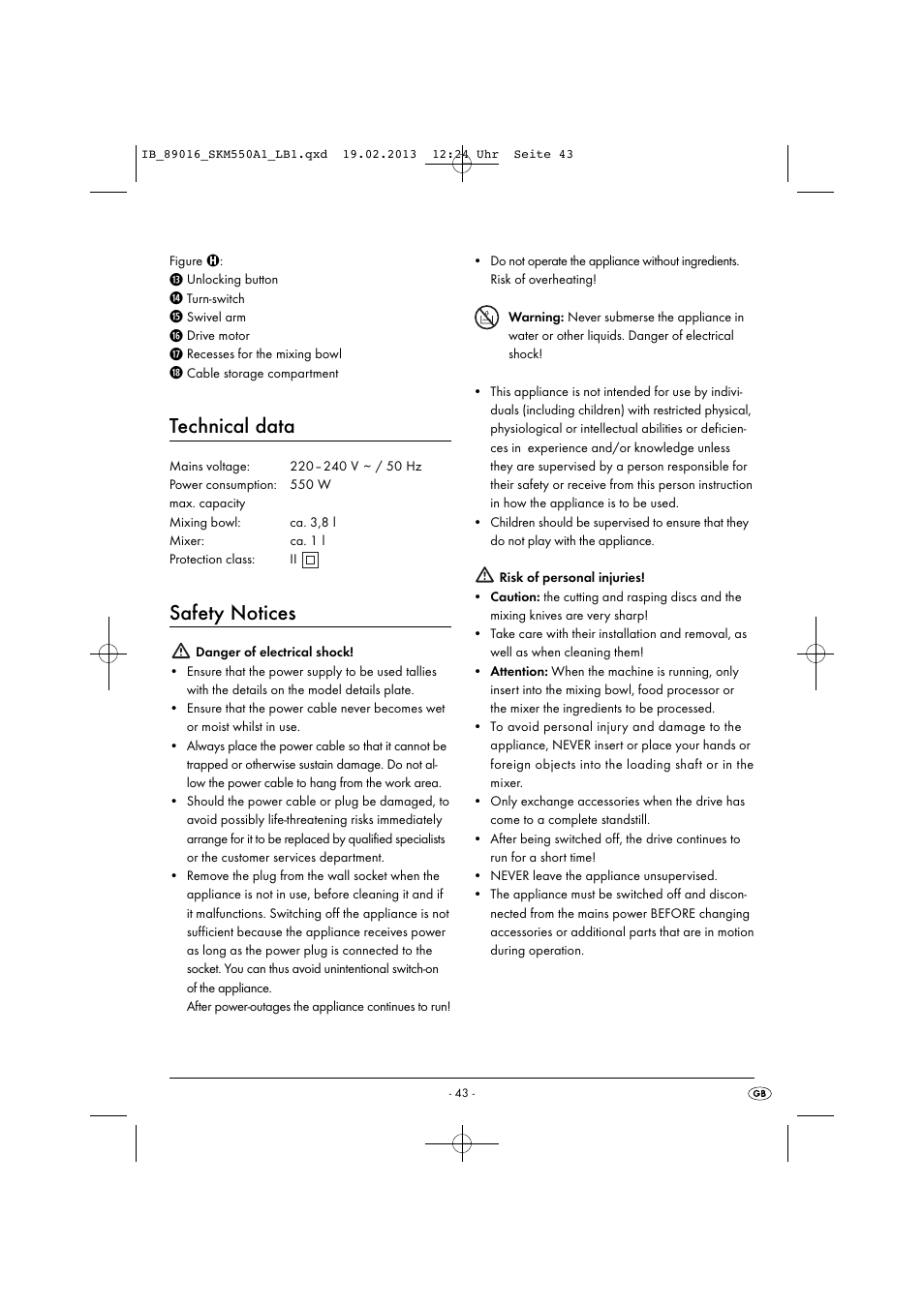 Technical data, Safety notices | Silvercrest SKM 550 A1 User Manual | Page 47 / 55