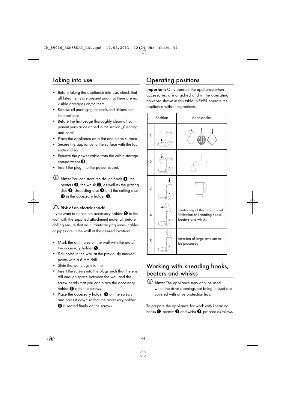 Taking into use, Operating positions, Working with kneading hooks, beaters and whisks | Silvercrest SKM 550 A1 User Manual | Page 48 / 55