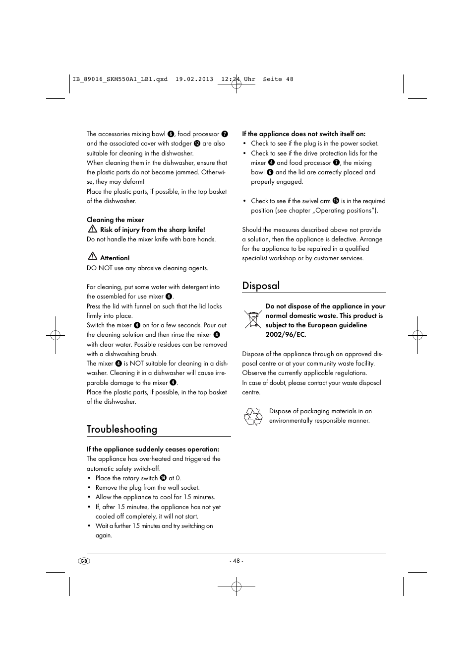 Troubleshooting, Disposal | Silvercrest SKM 550 A1 User Manual | Page 52 / 55