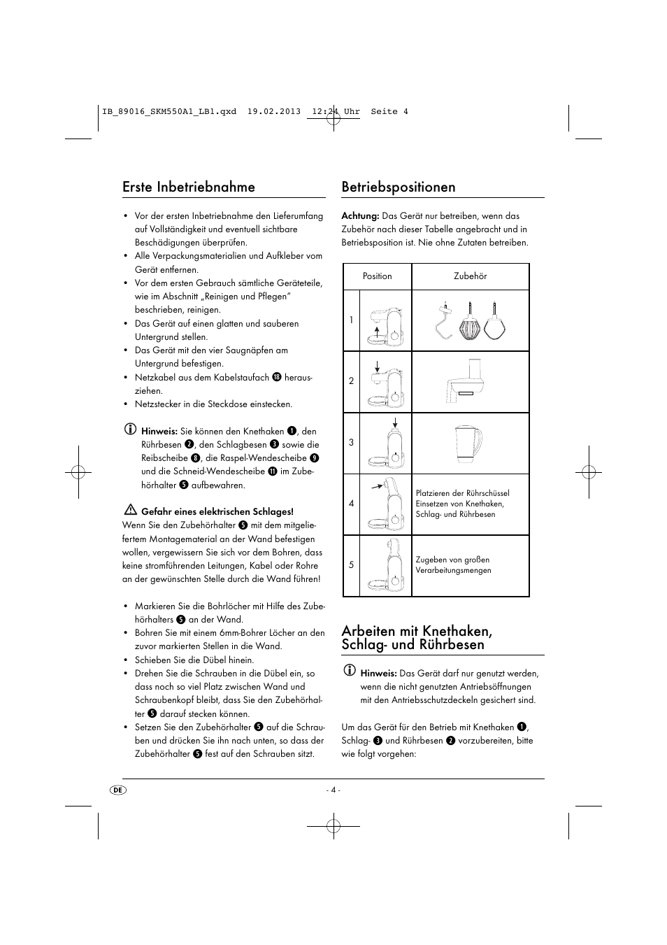 Erste inbetriebnahme, Betriebspositionen, Arbeiten mit knethaken, schlag- und rührbesen | Silvercrest SKM 550 A1 User Manual | Page 8 / 55