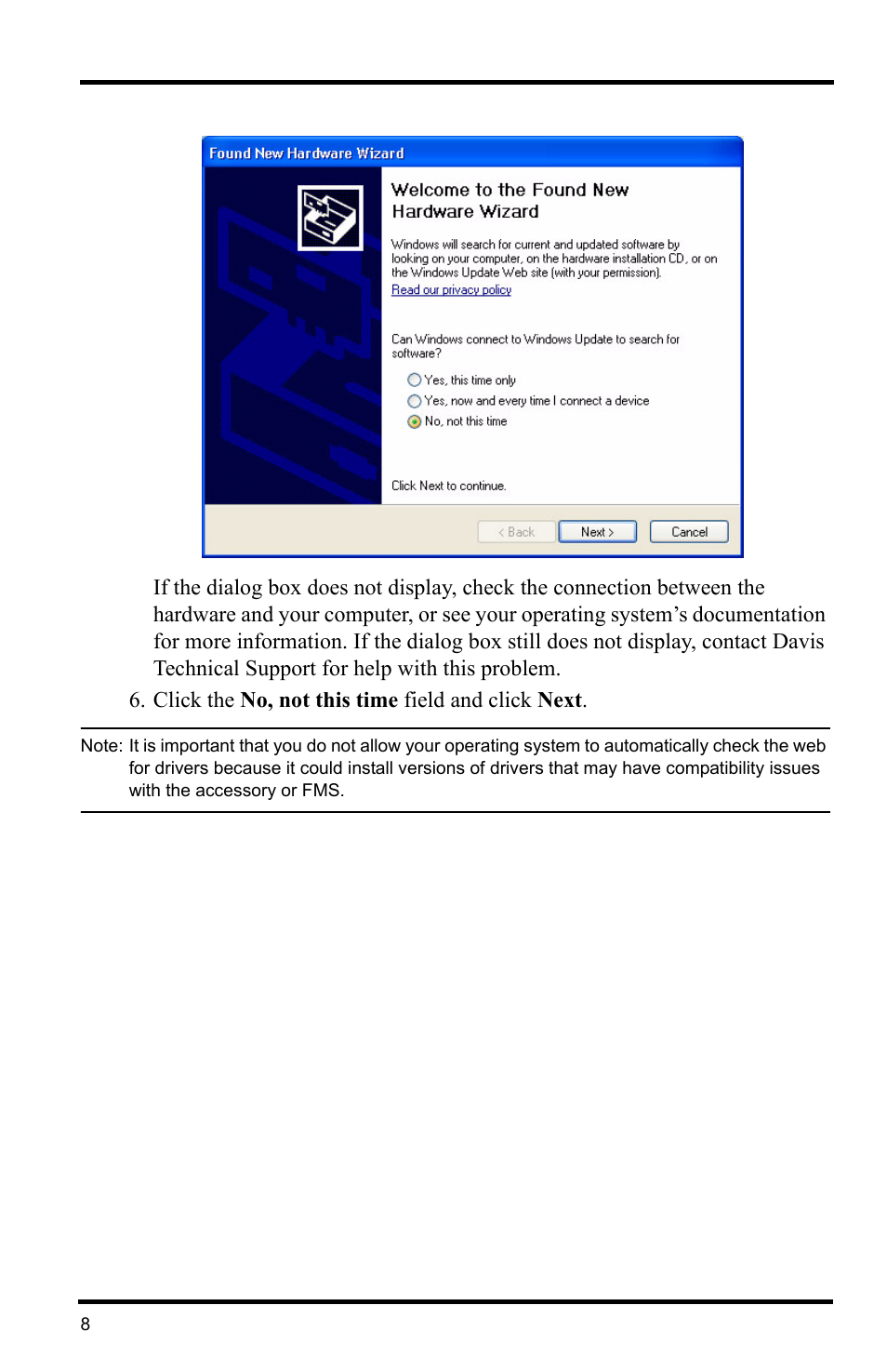 Click the no, not this time field and click next | Davis Instruments DRIVERIGHT 8186 User Manual | Page 12 / 32