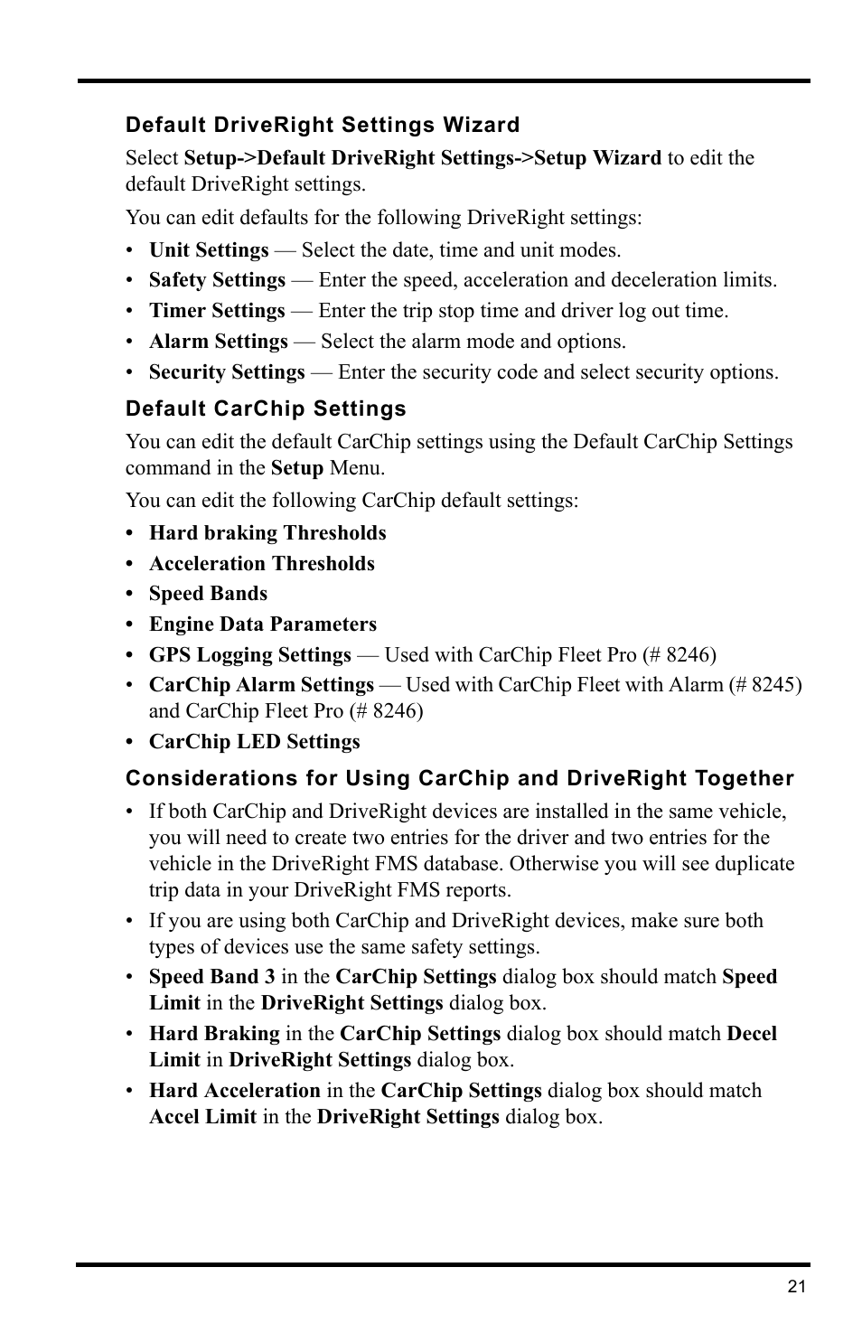 Default driveright settings wizard, Default carchip settings | Davis Instruments DRIVERIGHT 8186 User Manual | Page 25 / 32