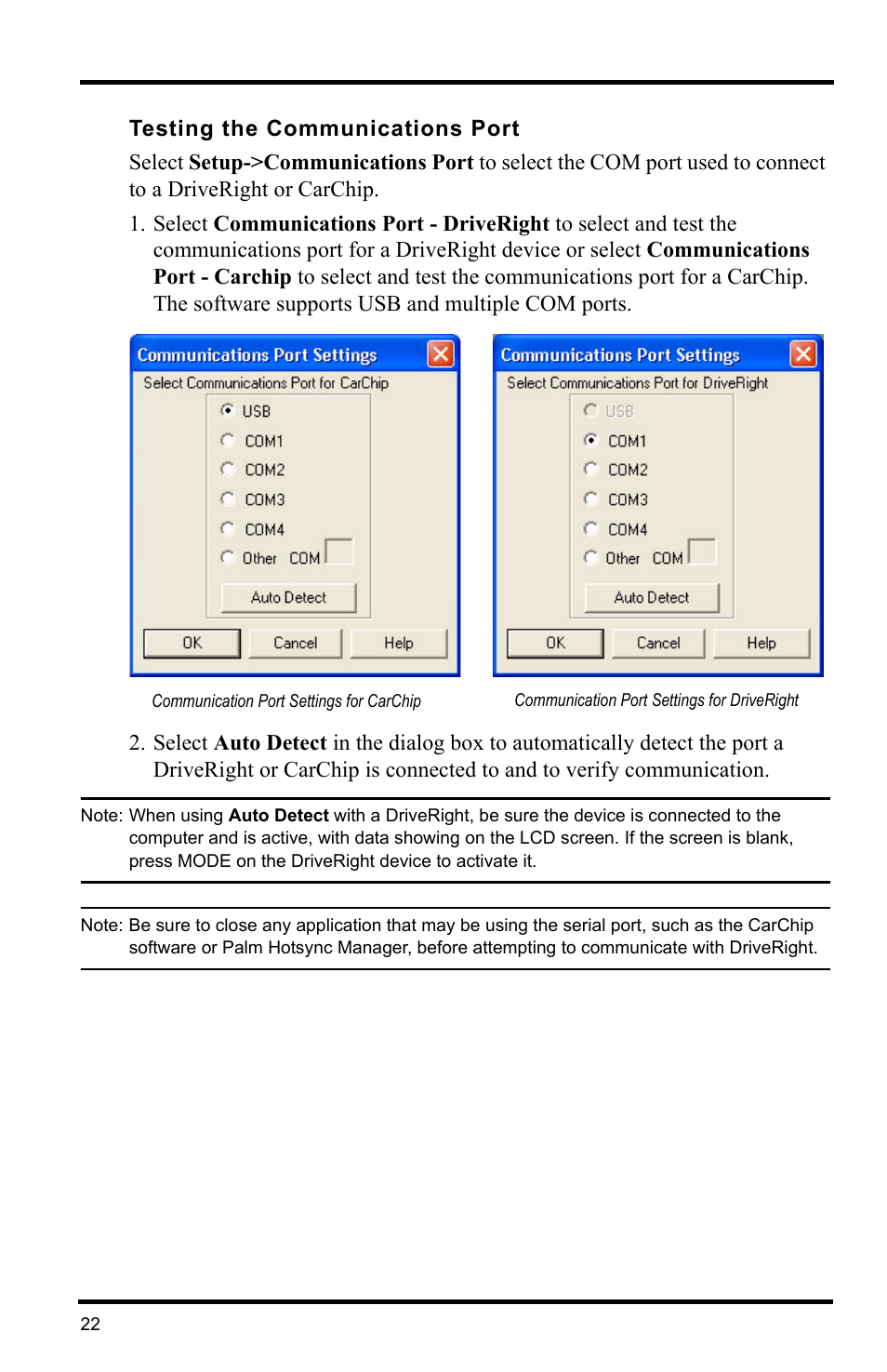 Testing the communications port, Communication port settings for carchip | Davis Instruments DRIVERIGHT 8186 User Manual | Page 26 / 32