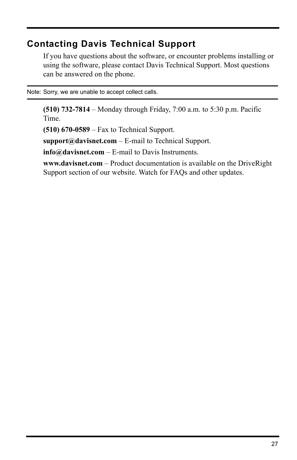 Contacting davis technical support, Note: sorry, we are unable to accept collect calls | Davis Instruments DRIVERIGHT 8186 User Manual | Page 31 / 32