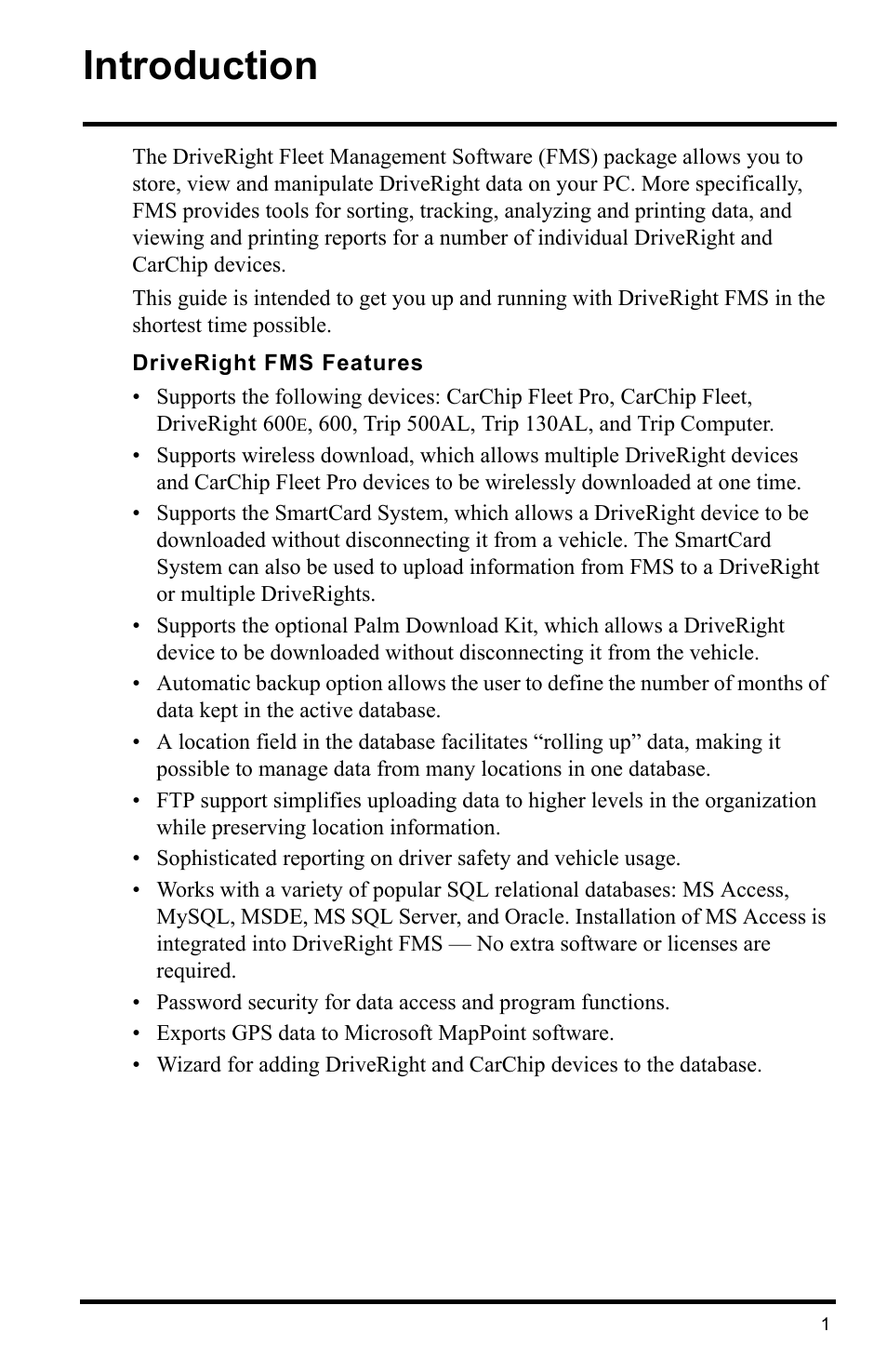 Introduction, Driveright fms features | Davis Instruments DRIVERIGHT 8186 User Manual | Page 5 / 32