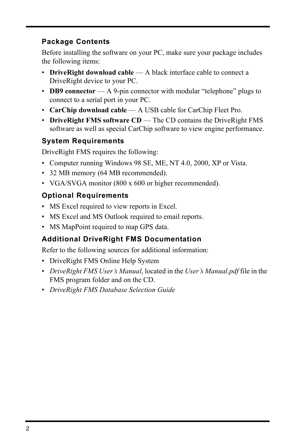 Package contents, System requirements, Optional requirements | Additional driveright fms documentation | Davis Instruments DRIVERIGHT 8186 User Manual | Page 6 / 32