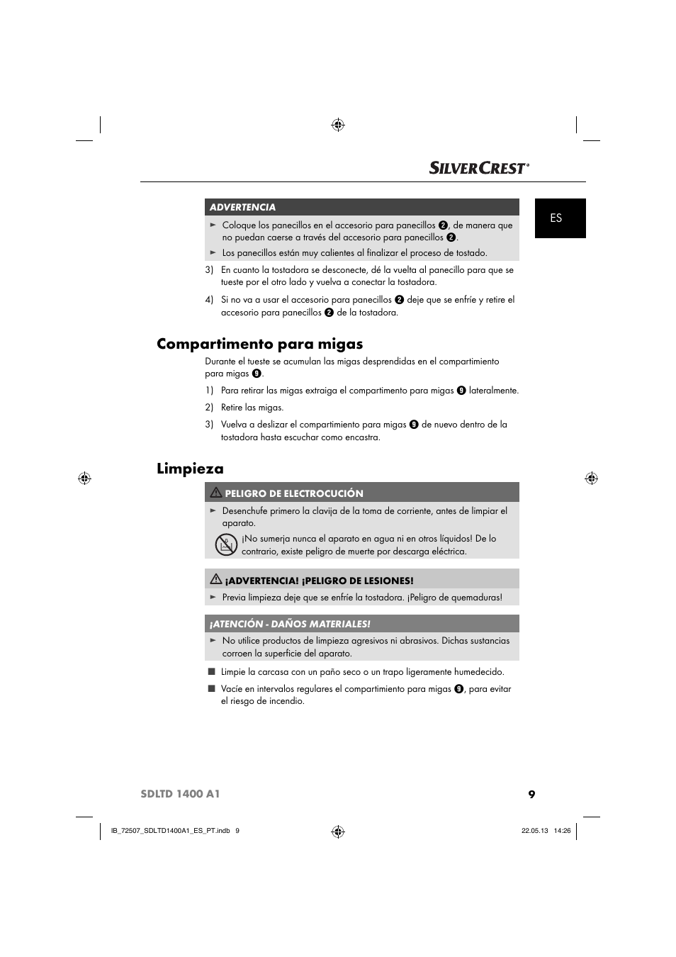 Compartimento para migas, Limpieza | Silvercrest SDLTD 1400 A1 User Manual | Page 12 / 52